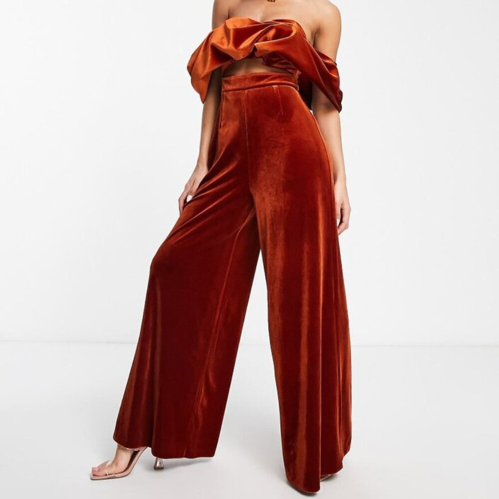 Velvet Off Shoulder Wide Leg Jumpsuit in Rust (never worn)